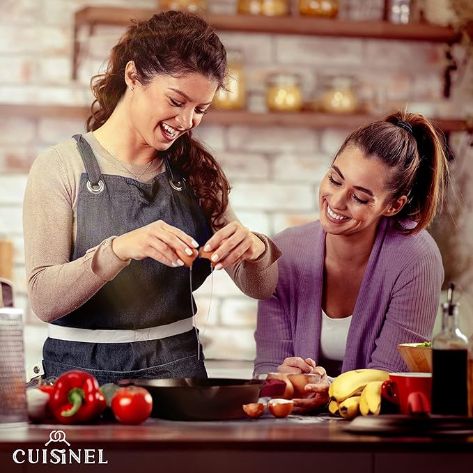 Cuisinel Cast Iron Skillet + Cast Iron Lid Set - 10+12"-Inch Dual Handle Frying Pans + Pan Scraper + Silicone Handle Covers - Preseasoned Indoor/Outdoor, Grill, Stovetop, Induction, Oven Cookware