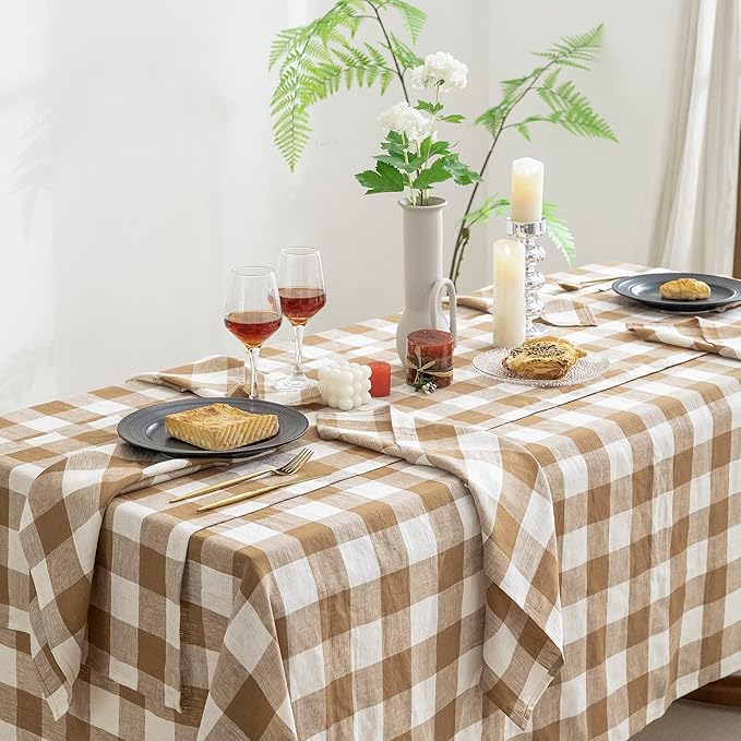 EVERLY 100% Yarn-Dyed Linen Rectangle Tablecloths 60x84Inches for Dining,Buffet Parties,Picnic,Events and Restaurants,Decorative Halloween,Thanksgiving Machine Washable Tablecloths-Brown Plaid