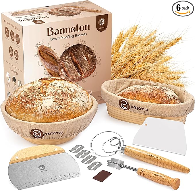 9" Round and 10" Oval Banneton Bread Proofing Baskets and Sourdough Bread Baking Supplies, A Complete Sourdough Starter Kit with Bread Lame, Whish, Bowl Scraper, Sourdough Scraper, and Linen Liners