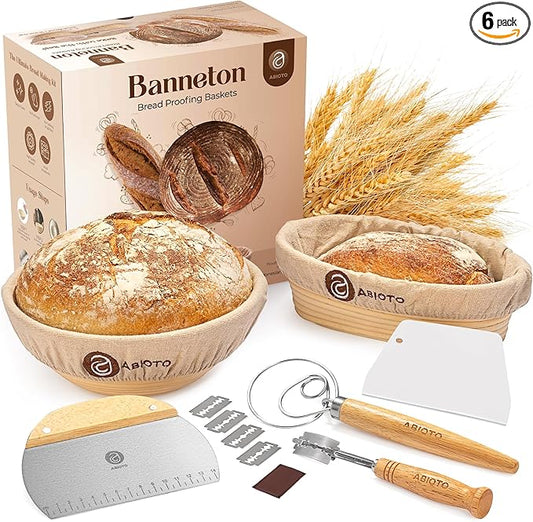 9" Round and 10" Oval Banneton Bread Proofing Baskets and Sourdough Bread Baking Supplies, A Complete Sourdough Starter Kit with Bread Lame, Whish, Bowl Scraper, Sourdough Scraper, and Linen Liners