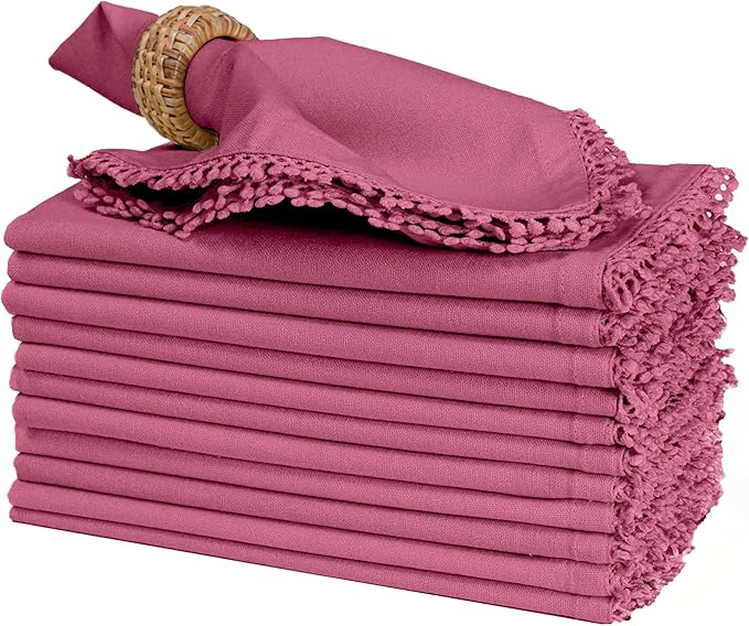Bedding Craft Cotton Cloth Dinner Napkins Set of 12 – 18x18 Wild Orchid Pink with Decorative Lace Selvedge – Elegant Machine Washable Fabric Napkins for Weddings, Parties, Baby Showers & Table Décor