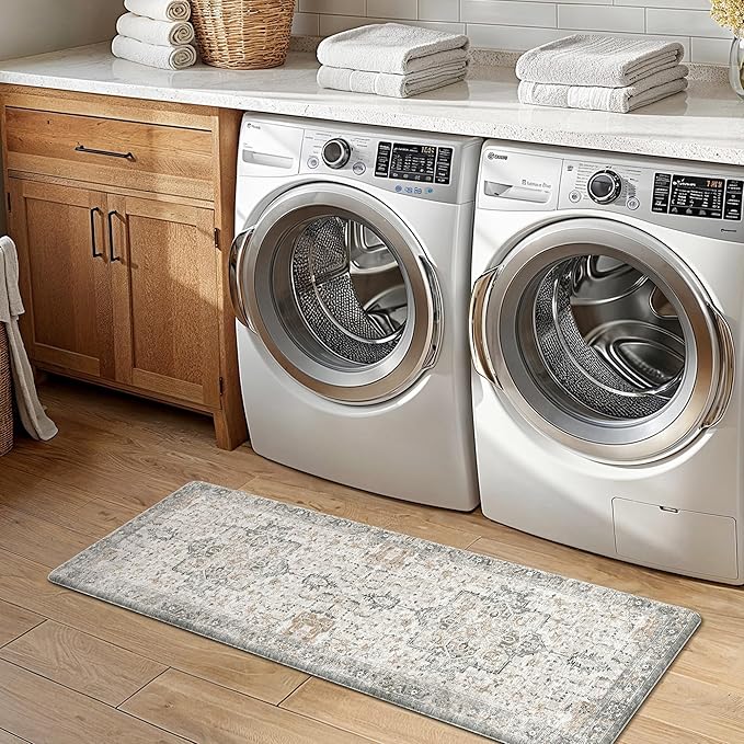 GENIMO Kitchen Mats for Floor 2PCs, Washable Anti Fatigue Mat for Cushioned, 17.3"x47"+17.3"x30", Waterproof Kitchen Rugs, Non Slip Comfort Standing Mat Rug for Home, Sink, Laundry, LightTaupeBrown