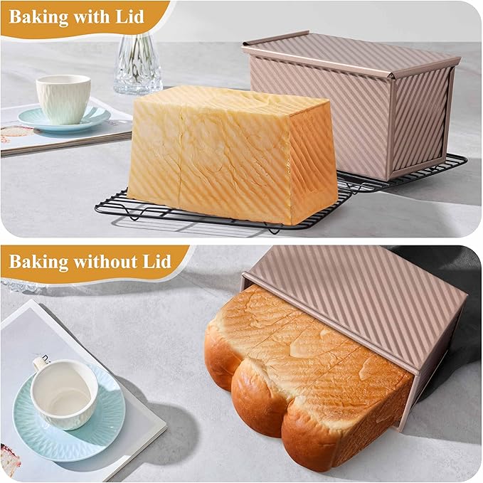 LIANYU 3 Pack Pullman Loaf Pan with Lid, 1 LB Nonstick Carbon Steel Loaf Pans Set, Heavy Duty Rectangle Bakeware with Cover for Homemade Sourdough Bread Sandwich, Rose Gold