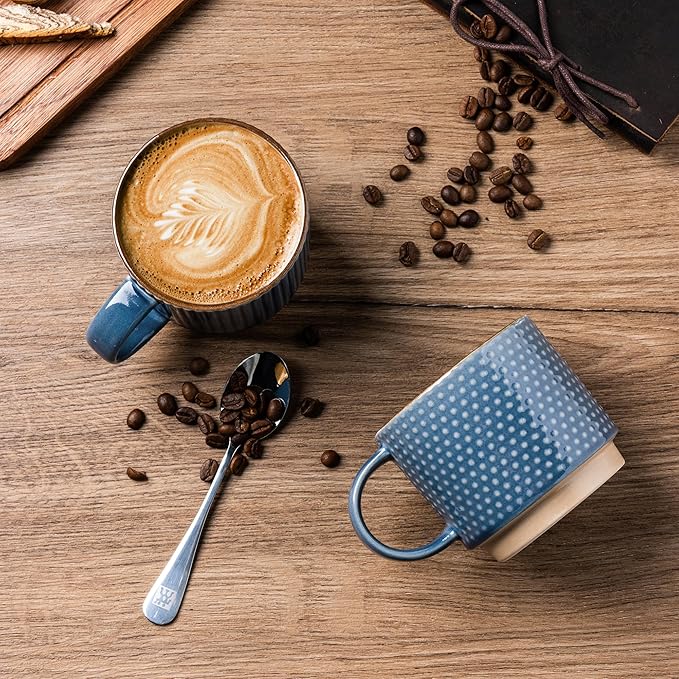 GBHOME 12OZ Stackable Coffee Mugs with Stand, Ceramic Coffee Mugs with Texture Patterns for Man,Woman,Dad,Mom, Modern Coffee Cups Set of 4 for Latte/Cappuccino/Cocoa. Dishwasher&Microwave Safe, Blue