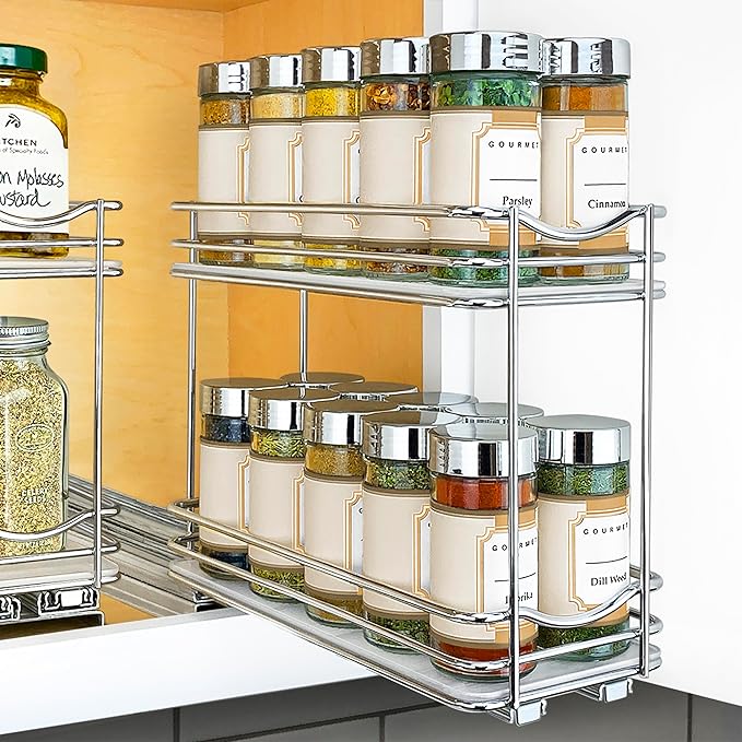 LYNK PROFESSIONAL® Pull Out Spice Rack Organizer for Inside Kitchen Cabinets - 4-3/8 inch Wide - Slide Out Drawer – Chrome Sliding Spice Cabinet Organization Shelf Racks - 2 Tier