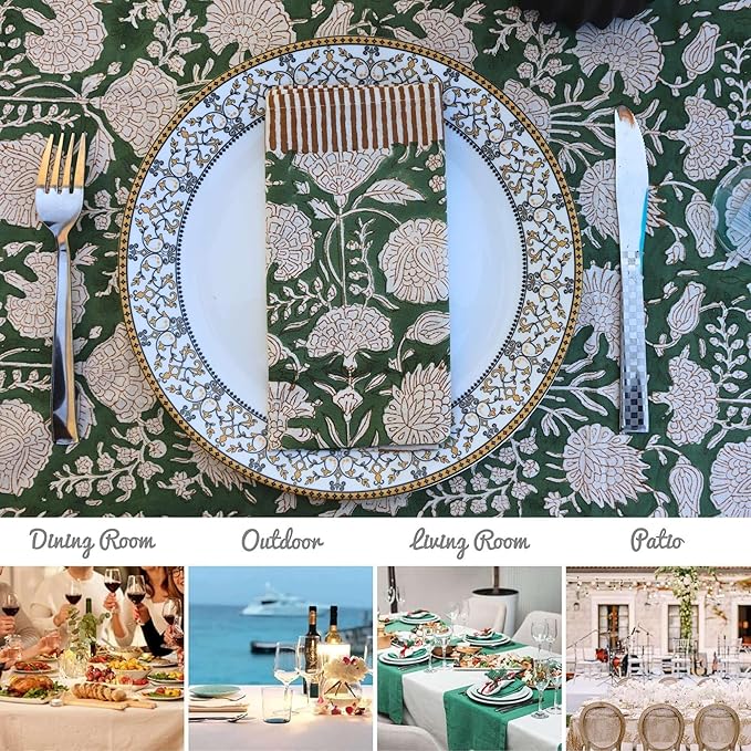 Handblock Print Cotton Tablecloth – 72x154 Rectangle Table Cover Seats 10-12 – Indian Block Printed Floral Dining Table Linen – Boho Washable Cloth for Kitchen, Party, Outdoor (Mint Green)