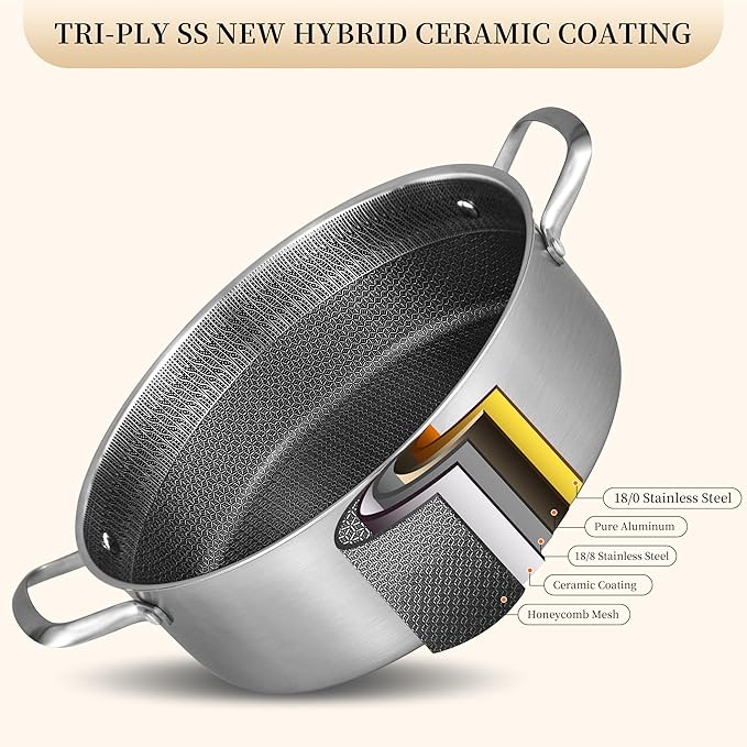 Inqibee 5 QT Hybrid Tri-Ply Stainless Steel Ceramic Non Stick Sauté Pan with Lid,Induction Cooking Pot,Large Skillet,Dishwasher and Oven Safe