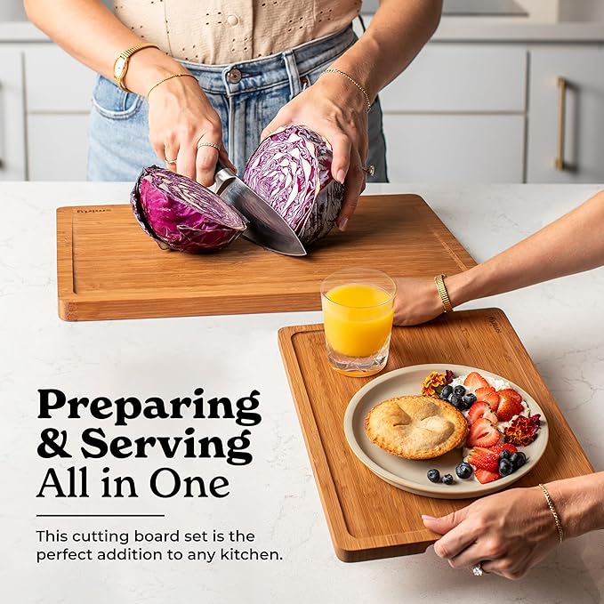 SMIRLY Wood Cutting Boards for Kitchen Wooden Chopping Board Set Reversible with Deep Juice Grooves Grip Handles, Large Charcuterie Tray, New Apartment Essentials, Carbonized Bamboo, 3Pcs with Holder