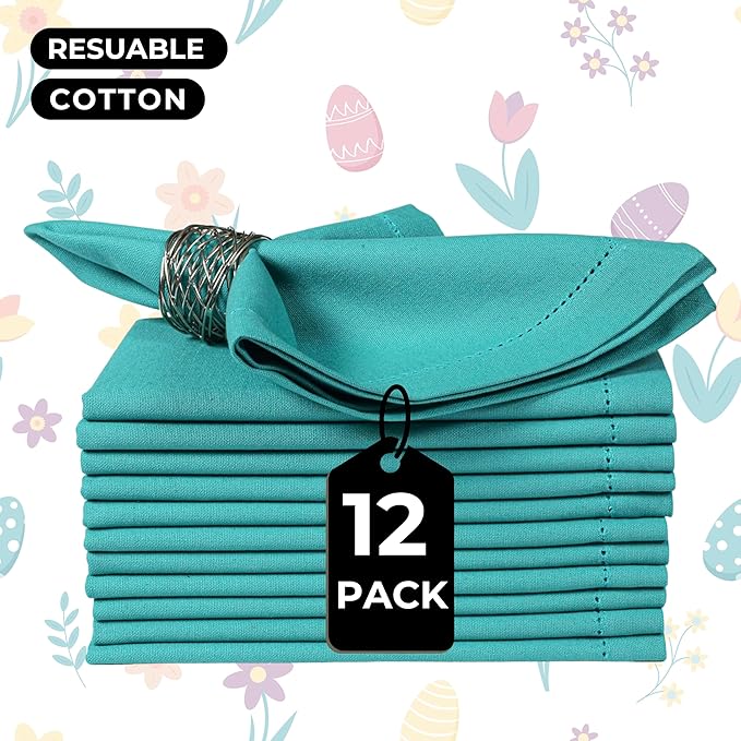 Bedding Craft Cotton Cloth Dinner Napkins Set of 12 – 18x18 Latigo Bay Teal with Hemstitched Mitered Corners – Machine Washable Reusable Napkins for Weddings, Parties & Daily Use