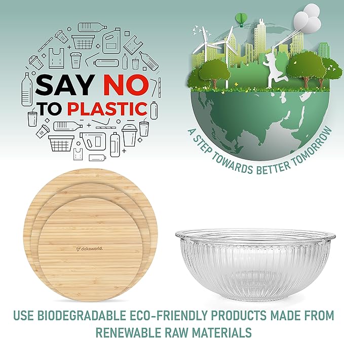 Stackable Space-Saving Nesting Set of 3 Glass Bowls with Bamboo Lids for Foodprep, Storage, Mixing & Cooking - Microwave & Oven Safe BPA Free Durable Heat Resistant Inert Borosilicate Glass