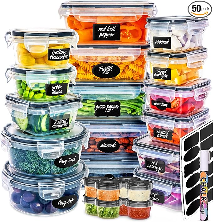 fullstar 50-Piece Plastic Food Storage Containers with Lids (24 Containers & 24 Lids) - Leakproof, BPA-Free, Meal Prep Containers, Reusable Lunch Storage Set for Kitchen Organization (Pack of 50)