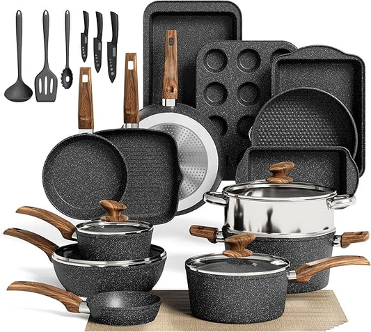 MAISON ARTS 30 Piece Pots and Pans Set Non Stick, Kitchen Cookware & Bakeware Sets with Nonstick Granite Coating, Baking Tray, Frying Pan and Saucepan, Black