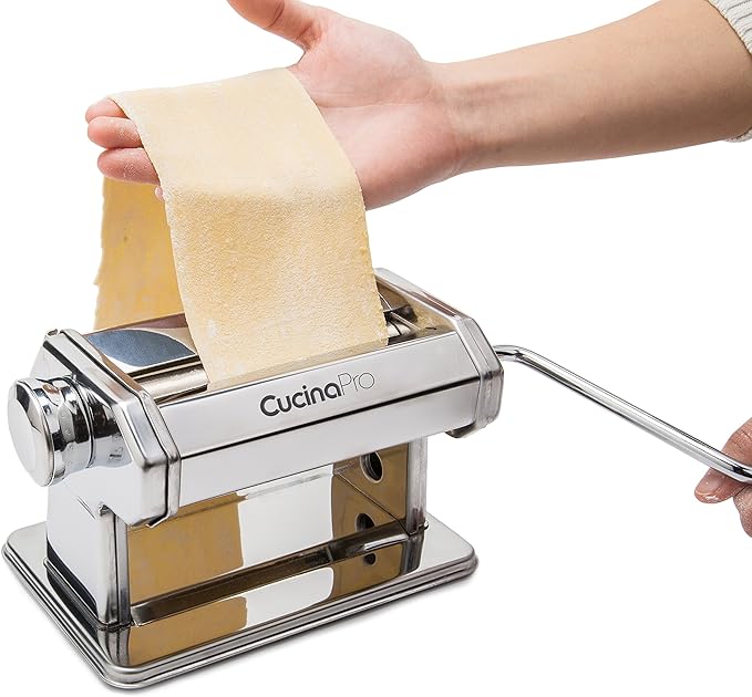 Pasta Maker Deluxe Holiday Set- Stainless Steel Machine w 3 Interchangeable Attachments- Make 5 Different Pastas- Spaghetti Fettuccini Angel Hair Noodle Ravioli Lasagnette- Durable Cutters, Xmas Gift