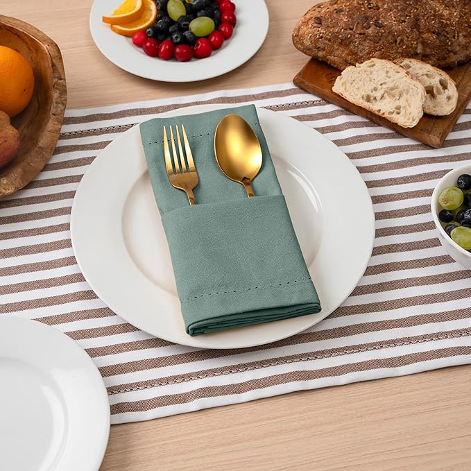 Blue Needles Set of 12 Hemstitch Linen Napkins 100% Cotton Hunter Green Cloth Dinner Napkins 18x18 inches, Soft, Reusable Absorbent Washable, Ideal for Fall Thanksgiving Events, Parties & Everyday Use