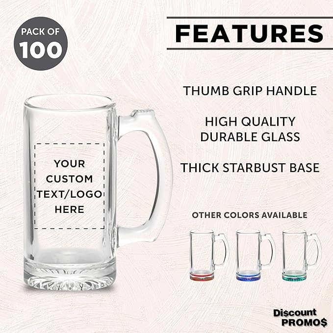 100 Libbey Beer Mugs Set, 12 oz. - Customizable Text, Logo - Groomsmen Glassware - Clear