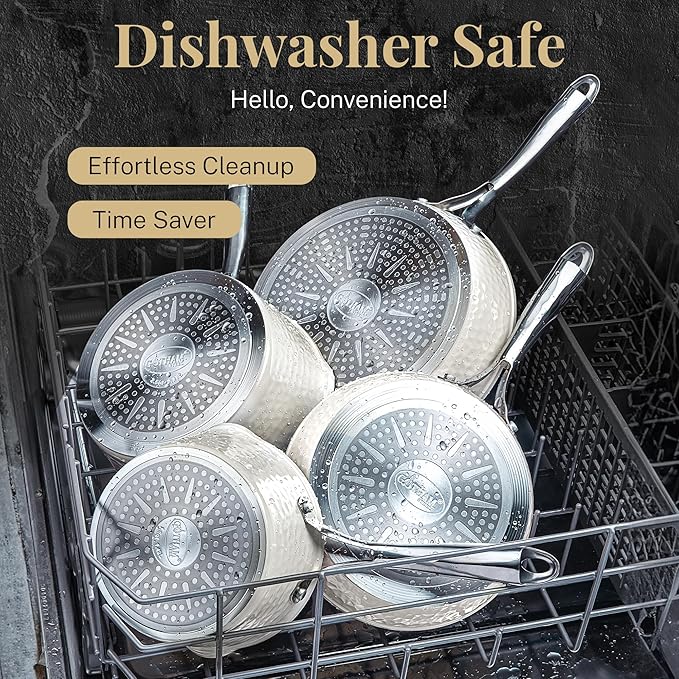 Gotham Steel Hammered 15Pcs Ceramic Cookware Set Nonstick, Induction Pots and Pans Set Non Stick with Bakeware Set & Steamer for Cooking, Non Toxic PFOA PFOS Free, Oven & Dishwasher Safe, Cream White