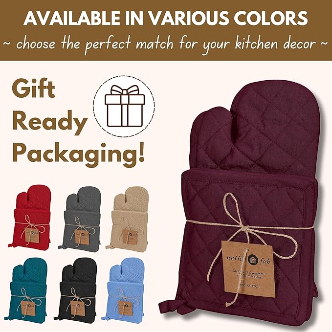 Native Fab 4 Piece Set - 2 Oven Mitts & 2 Potholders, Heat Resistant, 100% Cotton, Quilted Design, Non-Slip Grip, Machine Washable, Ideal for Baking, Cooking, BBQ, Kitchen Protection - Burgundy Wine