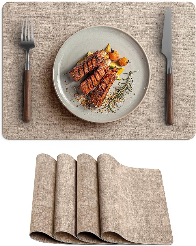 Faux Leather Vinyl Placemats Set of 4 Wipeable Heat Resistant Place Mats 100% Washable - Waterproof - Anti Slip Reversible Table Mats for Kitchen/Dining/Party/Outdoor, 12" x 16.5", Khaki