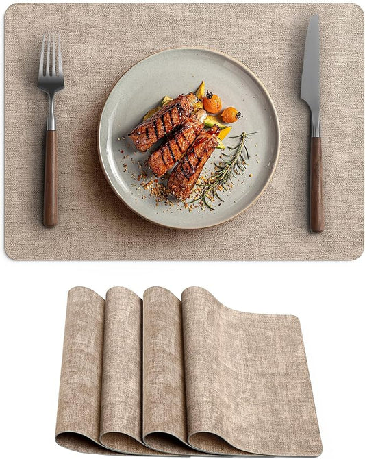Faux Leather Vinyl Placemats Set of 4 Wipeable Heat Resistant Place Mats 100% Washable - Waterproof - Anti Slip Reversible Table Mats for Kitchen/Dining/Party/Outdoor, 12" x 16.5", Khaki