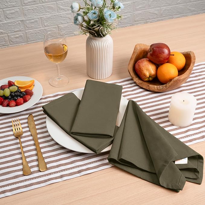 Blue Needles Solid Cloth Napkins Set of 12 Olive Green 100% Cotton Dinner Napkins 18x18 inches, Soft, Reusable, Absorbent, Washable Linen, Ideal for Fall Thanksgiving Events, Parties & Everyday Use
