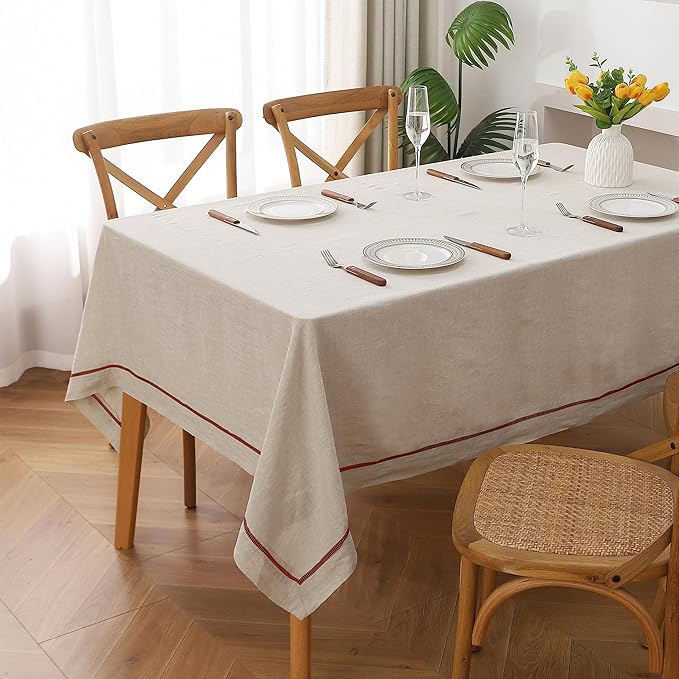 Linen World Hemstitch Linen Tablecloth, 100% Natural French Flax, 60x120Inch Handcrafted Natural-Rust Linen Table Cloth, Tabletop Decoration, Table Cloths for Kitchen, Dining, Daily Use