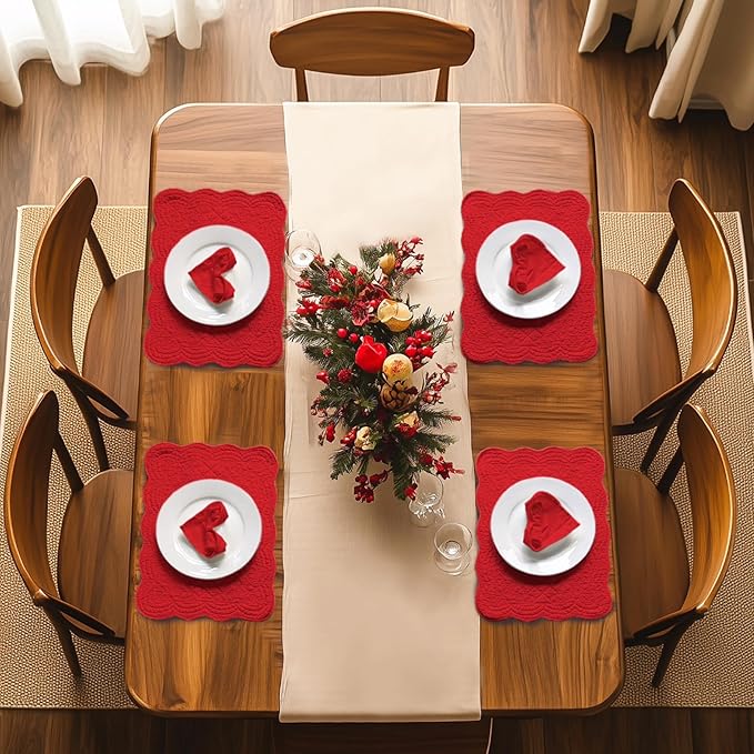 Christmas Placemats Set of 4 with Matching White Cotton Napkins – 4 Piece Table Mats & 4 Cloth Napkins – Quilted Table Linen Set for Everyday & Holiday Dining (4, Red)