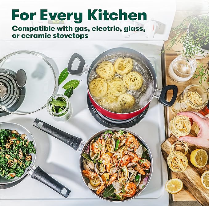 BELLA Nonstick Cookware Set with Glass Lids - Aluminum Bakeware, Pots and Pans, Storage Bowls & Utensils, Compatible with All Stovetops, 21 Piece, Red