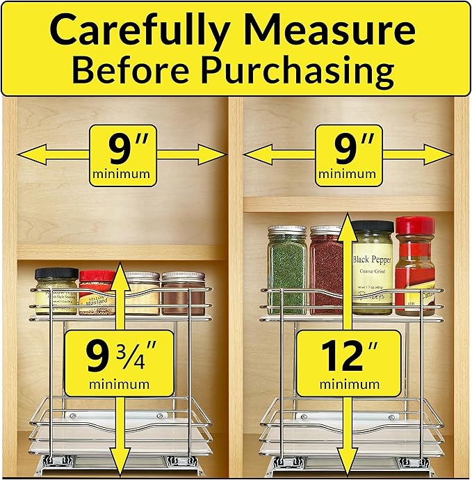 LYNK PROFESSIONAL® Pull Out Spice Rack Organizer for Inside Kitchen Cabinets - 8-3/8 inch Wide - Slide Out Drawer – Chrome Sliding Spice Cabinet Organization Shelf Racks - 2 Tier