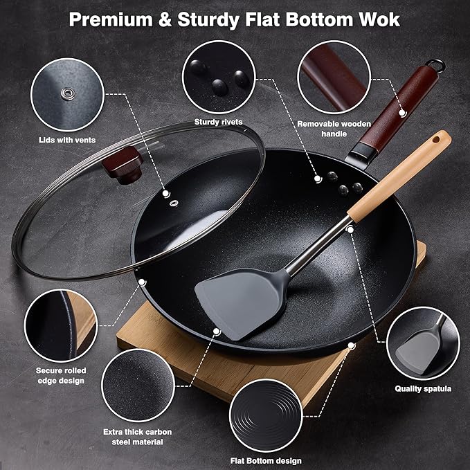 Carbon Steel Wok -13 Inch Woks & Stir-fry Pans Nonstick, Wok Pan with Glass Lid Spatula and Dish Brush: Pre-Seasoned Flat Bottom Chinese Wok for Induction, Electric, Gas, All Stoves