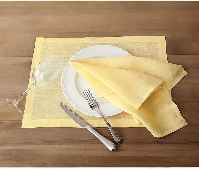 Solino Home Linen Yellow Placemats Set of 4 - 100% Pure Linen Placemats 14 x 19 Inch - Fete
