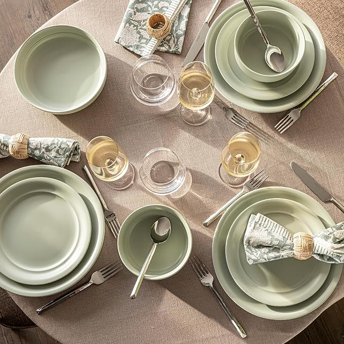 over&back Rim Dinnerware Set - Stoneware Dishes - Comes with 4 Dinner Plates, Salad Plates, Cereal Bowls, and Dinner Bowls - 16-Piece All-Occasion Place Settings - Serves Four - Semi-Matte Sage