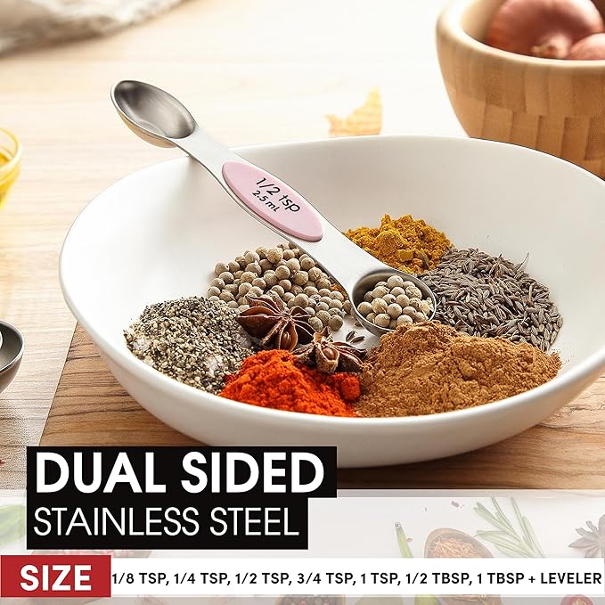 Spring Chef Stainless Steel Magnetic Measuring Spoons Set of 8 with Leveler, Dual Sided Teaspoon & Tablespoon Measuring Spoons with Strong Magnets, Kitchen Gadgets for Baking & Cooking - Pink Lemonade