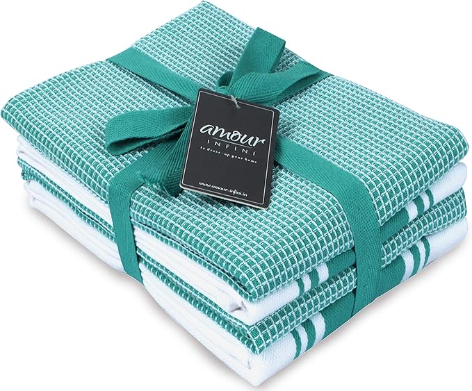 AMOUR INFINI Cotton Kitchen Towels - Set of 4 Highly Absorbent, Ultra Soft Waffle Weave Tea Towel with Hanging Loop - 20x28 Inch Quick Drying Dish Cloths for Cleaning (Teal)