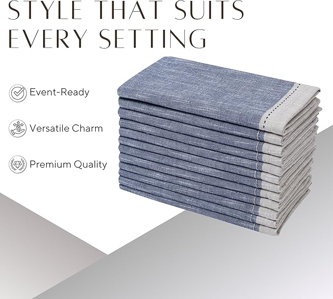 Ramanta Home Cloth Napkins Set of 4 Textured Cotton 18x18 - Premium Contrast Border Thanksgiving Dinner Napkins for Christmas Farmhouse Wedding, Soft Washable Table Linen for Everyday Use - Denim Blue