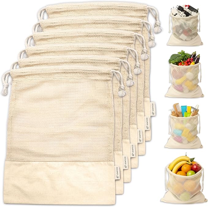 LEAFICO Reusable Produce Bags – 100% Cotton Mesh & Solid Hybrid (Small 8x10 inch 6 Pcs) – Cloth Grocery Bags for Garlic, Nuts, Onions, Bulk Snacks – Washable, Plastic-Free, Breathable, Zero Waste