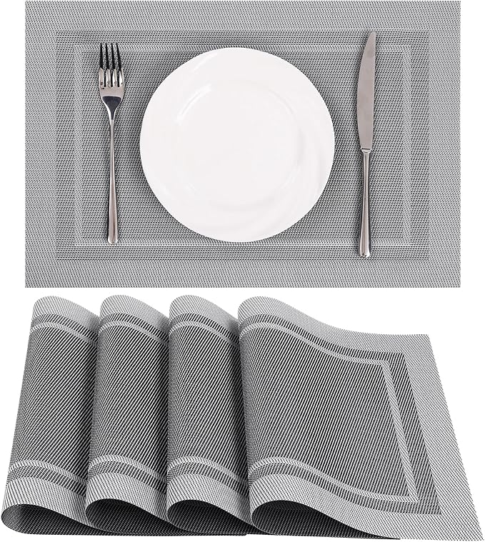 SHACOS Woven Vinyl Placemats Set of 4 Wipe Clean Place Mats for Dining Table Heat Resistant PVC Weave Table Mats Indoor Outdoor (4, Frame Grey)