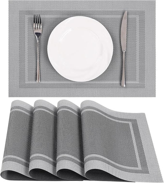 SHACOS Woven Vinyl Placemats Set of 4 Wipe Clean Place Mats for Dining Table Heat Resistant PVC Weave Table Mats Indoor Outdoor (4, Frame Grey)