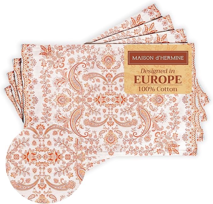 Maison d' Hermine Placemats Set of 4 100% Cotton Washable Cloth Place Mats, Reusable Table Mats for Thanksgiving Christmas Decorations Kitchen Dining Party Wedding Restaurant (Cachemire, 13" x 19")