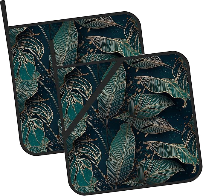 Golden Palm Leaf Pot Holders Set of 2 - Heat Resistant Oven Hot Pads for Cooking, Baking, BBQ - Gifts for Women