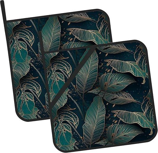 Golden Palm Leaf Pot Holders Set of 2 - Heat Resistant Oven Hot Pads for Cooking, Baking, BBQ - Gifts for Women