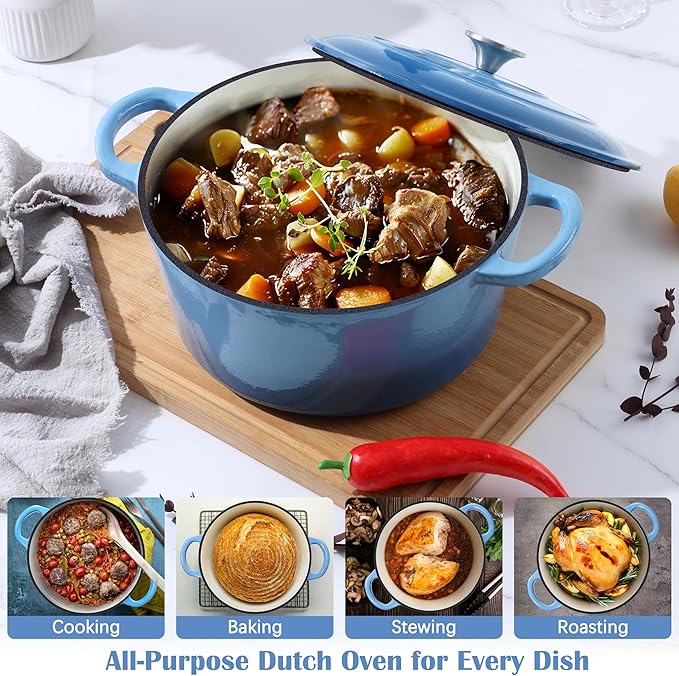 E-far Enameled Dutch Oven Pot for Bread Baking, 6QT Enameled Cast Iron Cookware with Self-Basting Lid & Sourdough Bread Baking Supplies, Heavy Duty Casserole Pot & Dual Handles-Blue