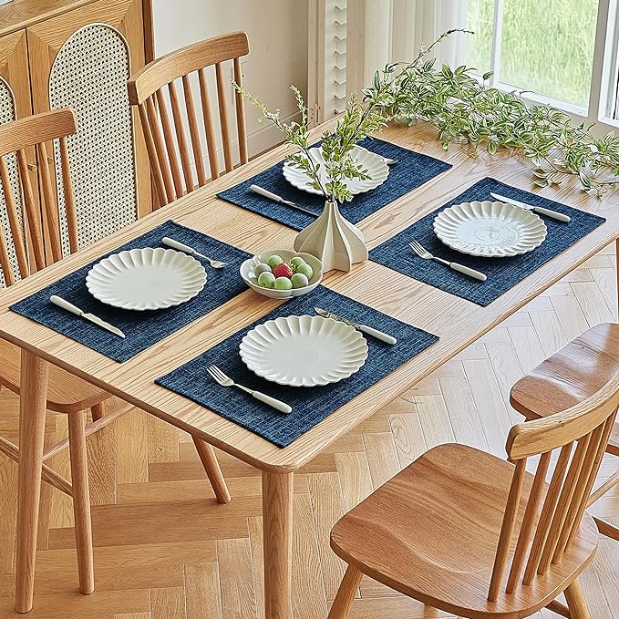 Softalker Faux Linen Placemats Set of 8-12 x 18 Inch, Heat Resistant Double Layered Durable Burlap Farmhouse Place Mats, Non-Slip Washable Rustic Table Mats for Dining, Kitchen, Party（Navy Blue
