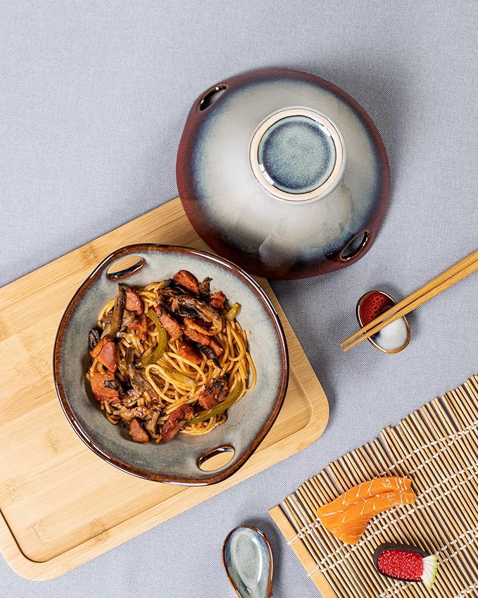 HENXFEN LEAD Japanese Ramen Noodle Bowl Set of 2-30 Oz Large Porcelain Salad Bowls with Chopsticks, Soup Spoons and Rests, Kitchen Serving Dishes for Pho, Udon - Reactive Red