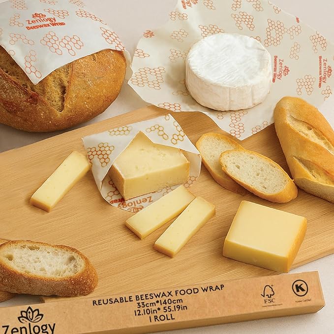 Zenlogy Reusable Beeswax Food Storage Wrap, Eco Friendly Alternative, Sustainable Organic Cut to Size Cotton Beeswax Wraps, 1 Roll, 13in x 55in (33cm x 140cm)