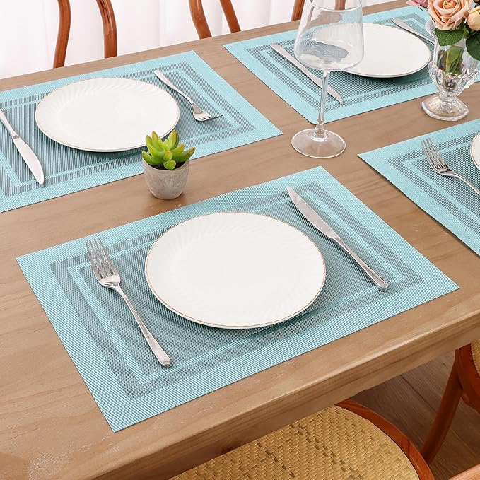 SHACOS Woven Vinyl Placemats Set of 4 Wipe Clean Place Mats for Dining Table Heat Resistant PVC Weave Table Mats Indoor Outdoor (4, Frame Light Turquoise)