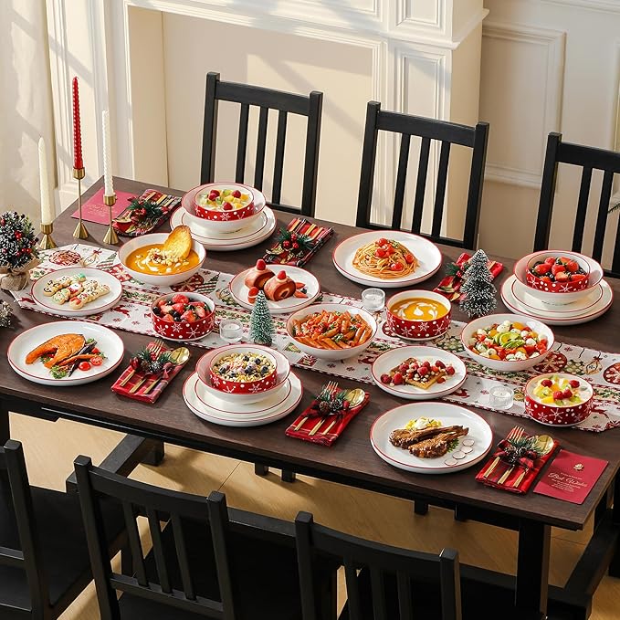 MALACASA Plates and Bowls Sets, 24 Pieces Christmas Porcelain Dinnerware Set for 8, Ceramic Dishware Dishes White Kitchen Dinner Dining Ware Set, Microwave and Dishwasher Safe, Series LUNA-Santa Claus