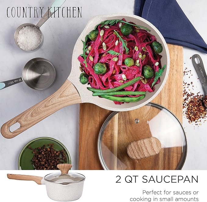 Country Kitchen Non-Stick Cast Aluminum Cookware Set - Durable Kitchen Cookware for Everyday Cooking, Speckled Cream, 6 Pc.