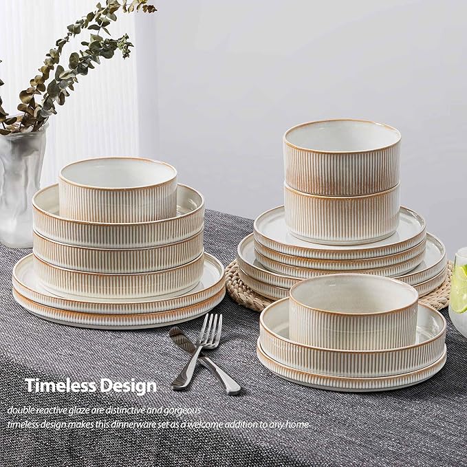 LIANYU Stoneware Dinnerware Sets with Pasta Bowls, 16 Piece Plates and Bowls Dishes Set for 4, Ribbed Dining Ware Dishware for Home, Microwave and Dishwasher Safe, Dawn Beige