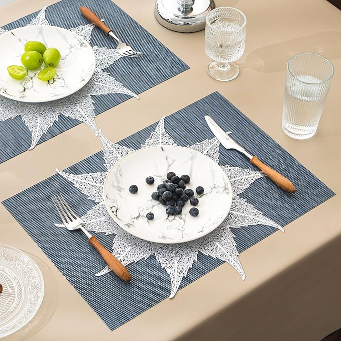 BACKTOEDEN Placemats Set of 6 Heat Resistant Washable Wipeable Placemat Woven Non-Slip Foldable Vinyl/Plastic Place Mats Indoor/Outdoor Mat Kitchen Dining Table Pad, Silver Maple Leaf & Blue