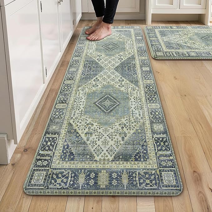 GENIMO Kitchen Mats for Floor 2PCs, Washable Anti Fatigue Mat for Cushioned, 17.3"x59"+17.3"x30", Waterproof Kitchen Rugs, Non Slip Comfort Standing Mat Rug for Home, Sink, Laundry, Blue